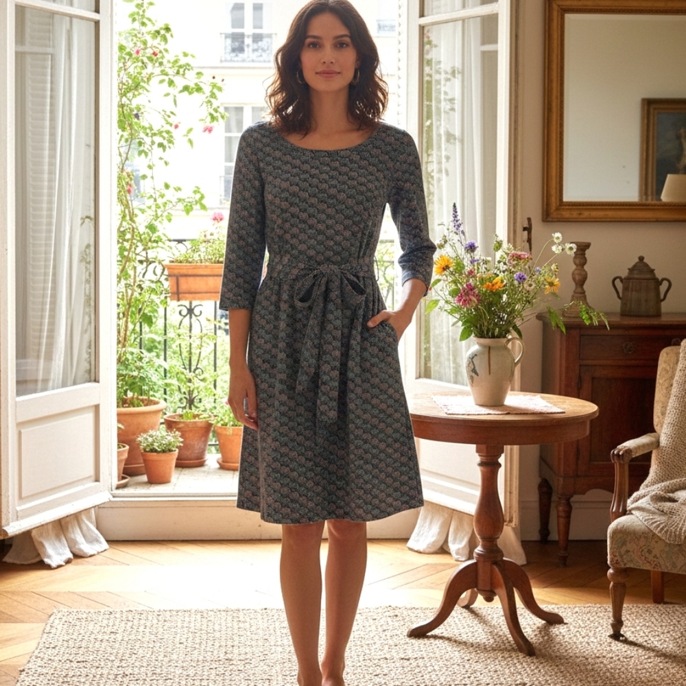 A.P.C. Dress Size Small Blue Geometric Print Belted Pockets Stretch‎ Knit Casual